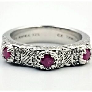 Judith Ripka 925 Sterling Silver 3 Stone Ruby Stacking Ring